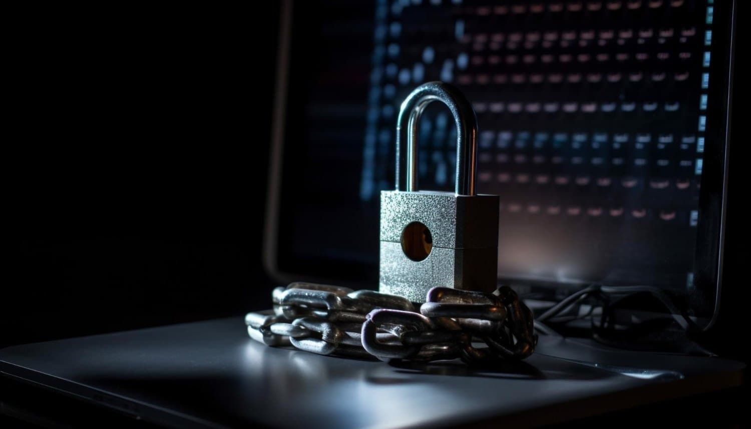 A padlock and chain resting on a laptop keyboard