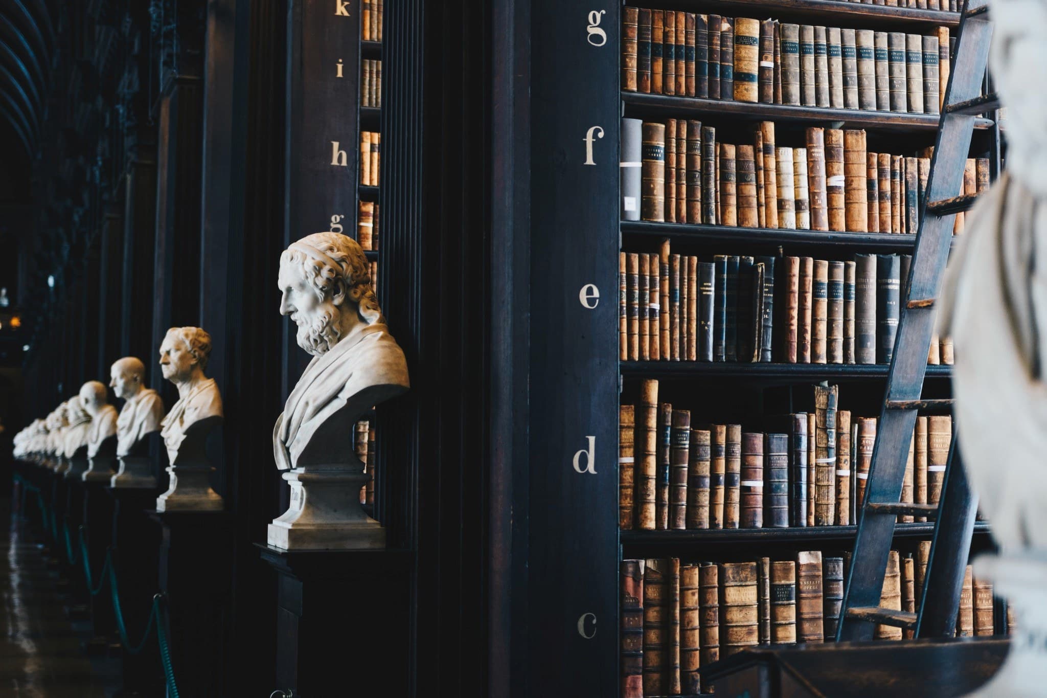 A law library lined with books and classical busts